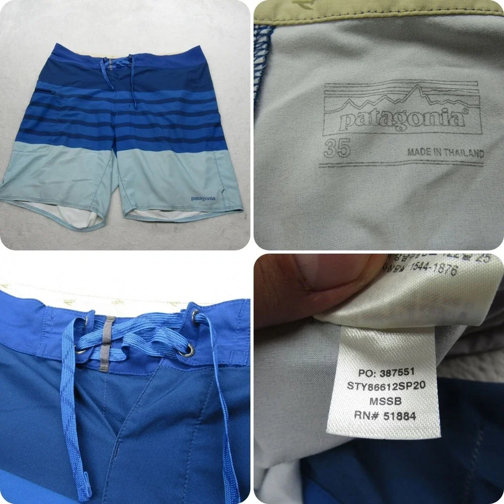 Patagonia Planing Board Shorts Mens 35 Blue‎ Striped Stretch Trunks Swim Unlined